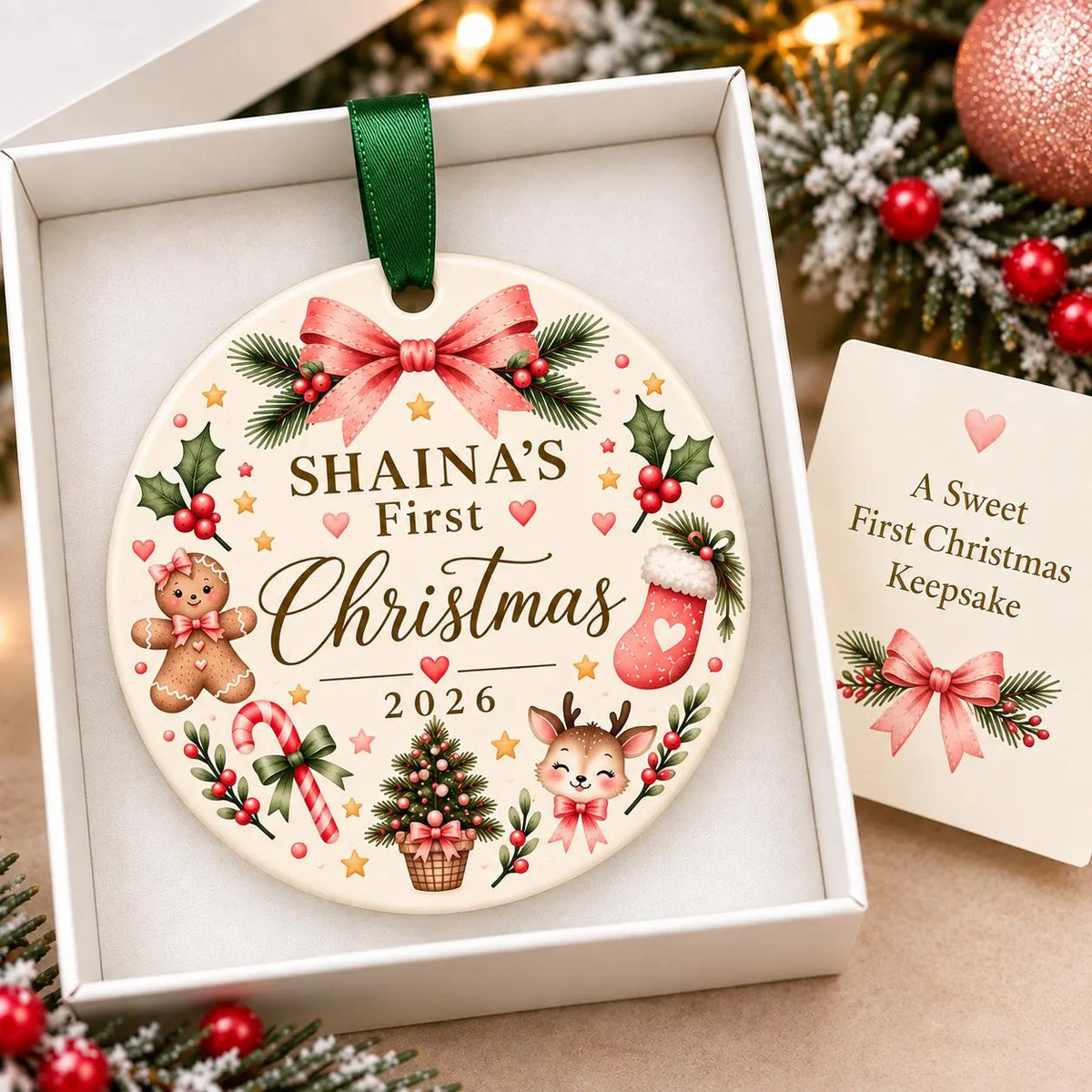 Personalized Pink Bow First Christmas Ornament 2026