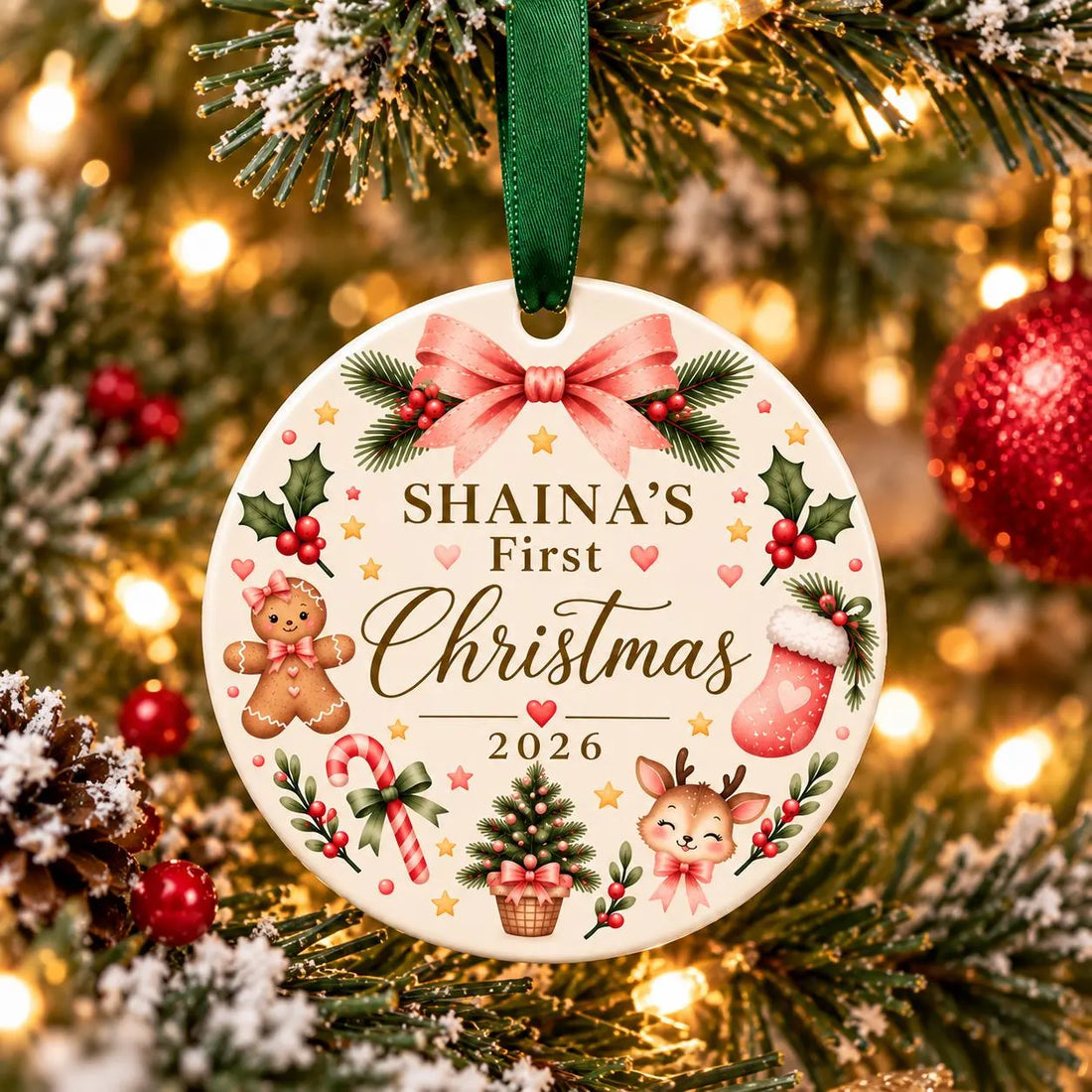 Personalized Pink Bow First Christmas Ornament 2026